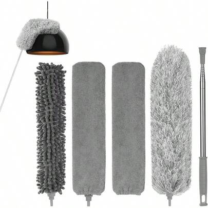 5 cây chổi lau bụi siêu bền, có thể kéo dài, cán dài (111 inch) và đầu chổi uốn cong - Có thể giặt, dùng để lau mạng nhện trên trần nhà, cán bằng thép không gỉ, thích hợp cho mục đích thương mại và sử dụng - Lý tưởng cho trần nhà cao, sàn nhà và tường.