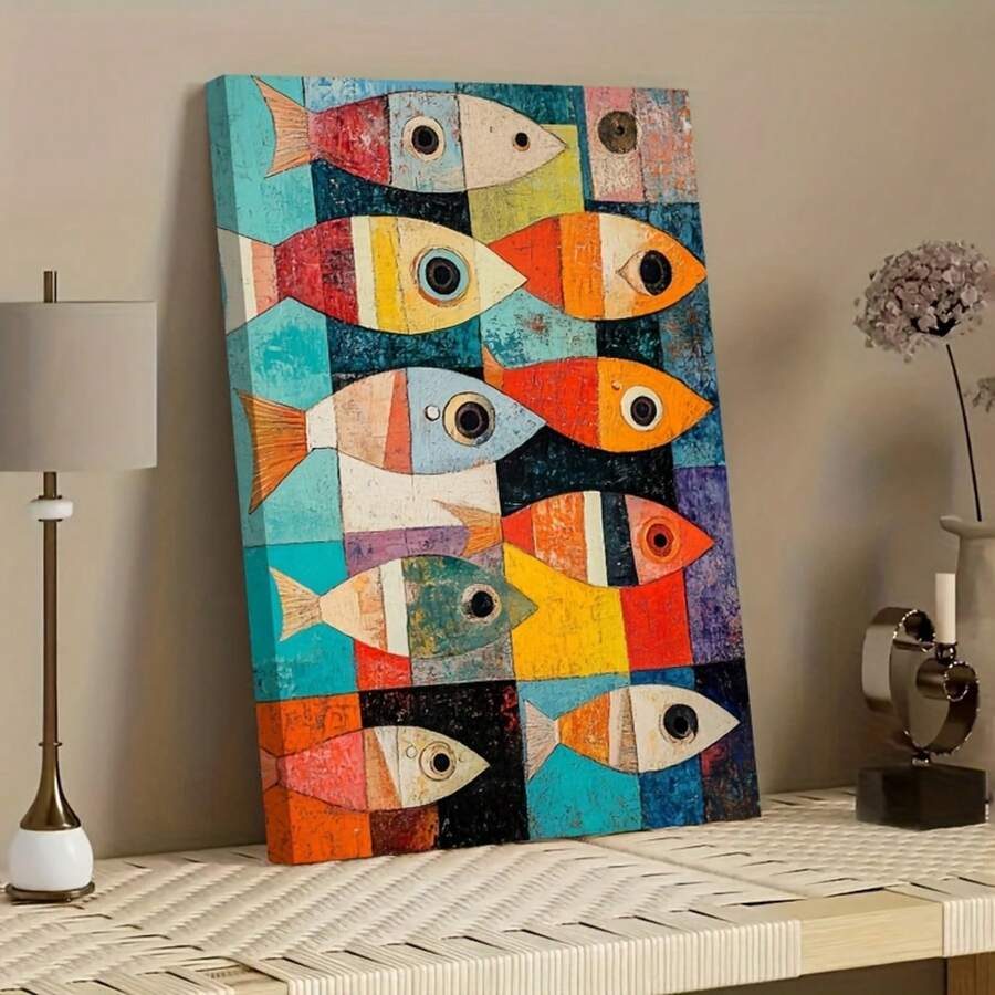 1pc Abstract Fish Canvas Art Print With Wooden Frame - Colorful 2D Wall Decor For Living Room, Bedroom, Office - Indoor Home & Classroom Decoration, Fish Decor - 彩色 - 查看 1