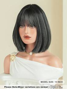 AKAKO 高光灰黑色波波头假发，10英寸短直发，带刘海，耐热纤维，柔软合成全机织发，色彩缤纷，适合日常派对、节日、音乐节角色扮演等场合，打造前卫的Y2K和哥特街头风格。 - 挑染灰色 - 查看 4