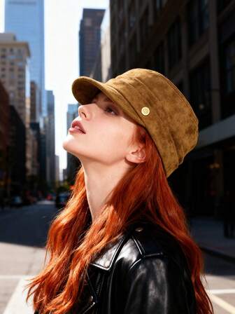 1 pieza Sombrero ecuestre de mujer de unicolor de ante con pliegues en la parte superior, ajuste holgado que favorece el rostro, boina vintage casual con ala, adecuado para uso diario en otoño/invierno, equitación, tiro