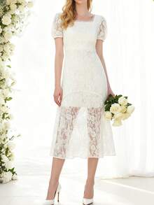 女士婚礼新娘礼物派对礼服，优雅刺绣蕾丝短袖派对礼服，订婚礼服，派对鸡尾酒会庆典礼服 - 白色 - 查看 3