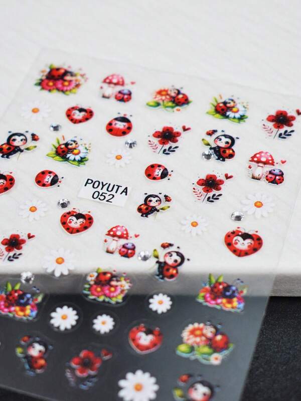 ملصقات أظافر بشكل فراشة وفراشة الخنفساء، ديكورات أظافر بلّورية لعيد الحب، ملصقات أظافر بأشكال الزهور والفطر والقلوب بتصميم كرتوني، ذاتية اللصق، هدية عيد للنساء