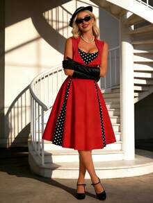 WEGIRL Women's Vintage-Inspired Red Midi A-Line Dress, Sleeveless With Collar, Polka Dot Contrast, Fake Buttons, And Flared Hem For A Chic Sundress Look - 紅色 - 查看 5