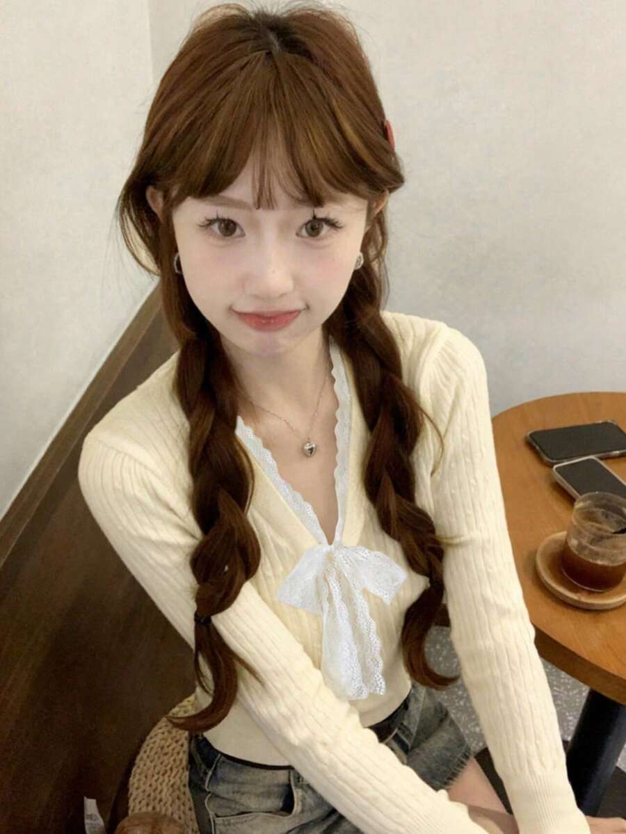 Spring V-Neck Bow Tie Knit Cardigan, Long Sleeve Sweater, Suitable For Early Spring Outings And Photo Shoots - Apricot - View 1