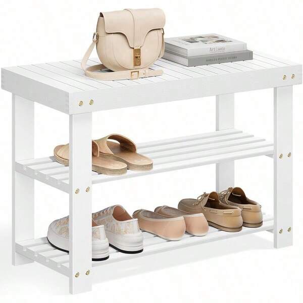 YMSONGMICS Banco Zapatero Organizador para Zapatos de Bambu 28.7 x 70.1 x 45.3 cm para Sala de Estar Dormitorio Blanco MLBS004W0168