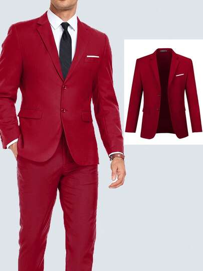 Furuyal Men's 2 Pieces Suit Jacket, Solid Color Suit Jacket Tie Set, Long Sleeve, Double-Breasted Single-Breasted Slim Fit, Suitable For Travel, Wedding, Party, Business, Prom, Light Wine Red, Size XS-3XL