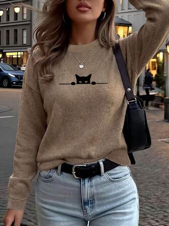 Women's Daily Cat, Peeking Pose, Horizontal Line Element Round Neck Long Sleeve Casual Spring/Fall/Winter Women's Sweatshirt/Women's Hoodie Valentine's Day/Back-To-School Winter Outfits For Women Cute Tops