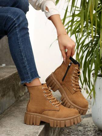 Botas con cordones marrones, decoración con cremallera lateral, botas de motocicleta de cuero ante de caña corta, elegantes y de moda para la oficina, la escuela, otoño/invierno