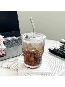 Taza de vidrio con Tapa y Pajita,Juego de Tazas de Café de ,Juego Moderno de Taza de Café Exquisita,Apto Tanto para Frío Como para Calor para Cerveza,Whisky,Capuchino,Té,Leche,Cola - 1 artículo - Ver 8