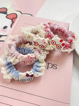  1/4 st Sanrio Hello Kitty hårsmycken - söta japanska rutiga spetshårsmycken | Bedårande glasögon KT multifunktionella huvudbonader