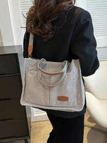 Striped Corduroy Foldable Tote Bag, Large Capacity - Grey - View 7