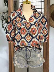 Women's Casual Plaid & Floral Print Short Sleeve V-Neck Loose Blouse, Spring/Summer Vacation - Royal Blue - View 2