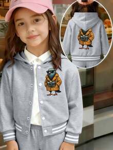 1 Piece Gray Girls Baseball Jacket  Cartoon Print Lightweight Jacket Casual Everyday Wear School Style Fall Winter Kids Holiday Gift - Grey - View 1