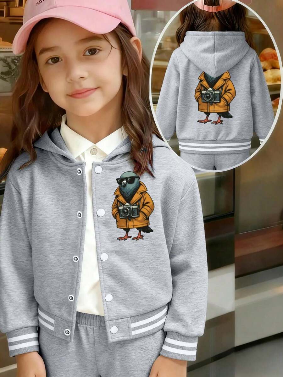 1 Piece Gray Girls Baseball Jacket Cartoon Print Lightweight Jacket Casual Everyday Wear School Style Fall Winter Kids Holiday Gift - Grey - View 1