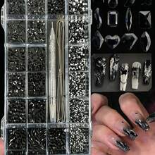 KIRAME 21-Grid DIY Nail Art K9 Glass Black Flat Bottom Rhinestone Set - 30pcs High Gloss Rhinestones Per Style, Includes 1 Dotting Pen, 2 Nail Chains, Nail Gems, Suitable For Nail Salons, Home Manicure, Nail Supplies, Christmas, New Year, Valentine's Day Nails, Holiday Gifts, Also For Crafts, Clothing, Textiles, Shoes, Glassware, Jewelry Making - Multi-Size Shiny Decorations - 黑色 - 查看 6