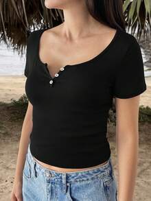 Y2K Style Fitted Solid Color Crew Neck Short Sleeve T-Shirt For Women, Suitable For Back To School, Beach Travel And Casual Wear - Black - View 1