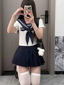 Cosplay Clothing - 紺色三本短袖+短裙+紺金魚結 - 查看 2