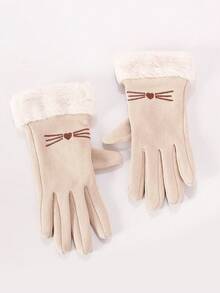 一套人造毛皮和绒面革抓绒可爱优雅猫咪图案贝雷帽和全指手套 - 猫咪刺绣/水钻细节和毛茸茸的袖口饰边，保暖防风，适合女性日常通勤和冬季度假聚会穿着。 - 彩色 - 查看 4