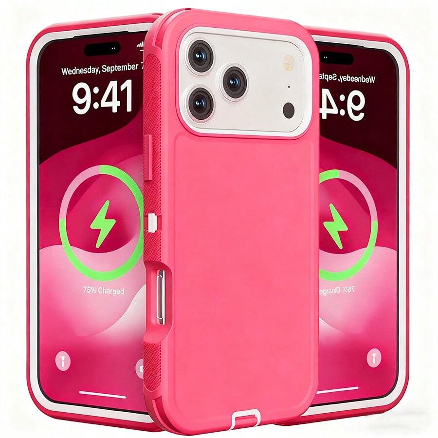 Suitable 17/16/15/14/13 Series Three-Layer Thickened Heavy-Duty Protective Case, Heavy-Duty Anti-Fall Full-Body Strong Shockproof Three-Layer Sturdy Protective Mobile Phone Case, 3-In-1 Sturdy And Durable Protective Case, Halloween, Christmas, Easter And Thanksgiving, Perfect Male/Girlfriend Holiday And Birthday Gift Selection - 粉紅白色 - 查看 1