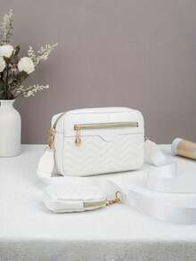 Women's Small Square Shoulder Bag, Quilted Crossbody Bag, Coin Purse - White - View 4