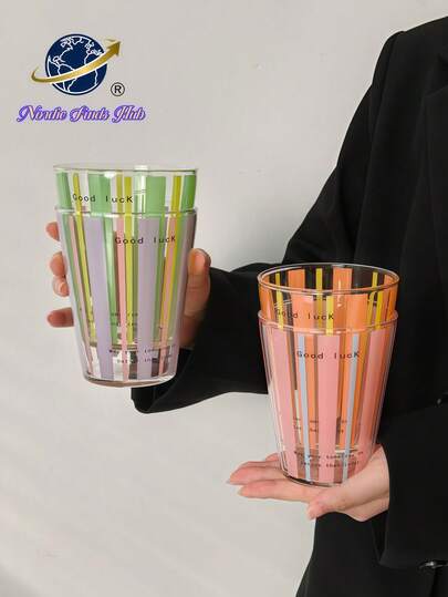 1pc Vertical Stripe Letter Glass Cup, Large Capacity Matcha Glass Cup, Afternoon Tea Juice Glass Cup, Cold Drink Glass Cup, Hot Drink Glass Cup, High Temperature Baked Print, Washable And Reusable