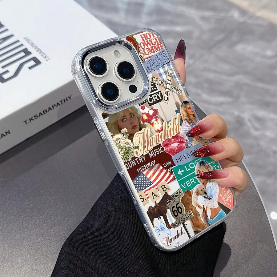 Funda de teléfono compatible con Singer S-Sabrina C-Carpenter para for 16, 15, 14, 13, 12, 11 Pro Max, X, XR, XSMAX, 8, 7 Plus, con un marco de lente de plata metálica y una funda trasera suave transparente. - Color 1 - Ver 1