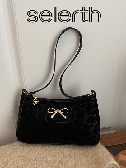 1pc Black PU Elegant Minimalist Leopard Print Bow Decor Lightweight Smooth Zipper Shoulder Baguette Bag, Suitable For Women's Work, Daily Life, Commuting, Social Gatherings, Business Occasions, Outdoor Shopping, Fits Phone, Wallet, Lipstick, Keys, Tissue, Pouch, Fashionable