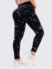大码女式黑色打底裤，饰有彩色泼墨印花，休闲时尚，适合户外运动、健身、瑜伽、购物、旅行、散步，九分裤长，春季款 - 黑色 - 查看 6