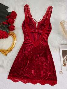 Quà tặng bất ngờ ngày Valentine: Đồ lót ren màu trơn gợi cảm, áo ngủ nhung phối ren, váy ngủ xẻ lưng cổ chữ V sâu, váy ngủ thoải mái mùa thu đông cho nữ, trang phục dự tiệc lễ hội, thanh lịch và tinh tế. - Màu Đỏ Sâu - Xem 3