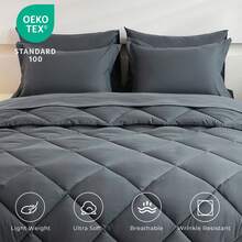 7pcs Full Queen King Black Dark Grey Green White Quilted Comforter Fitted Sheet Flat Sheet Mattress Protector Cover And Pillowcases Sets - 深灰色 - 查看 5