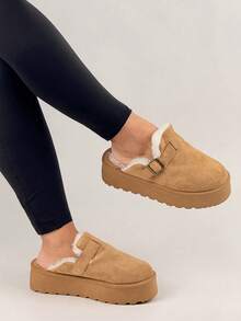 Women's Thick Sole Closed Toe Slippers With Retro Buckle, Warm Thermal Lined Mule Shoes For Winter - Camel - View 2