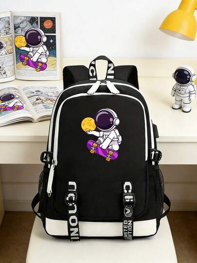 En ryggsäck med astronauttema och broderade detaljer, lätt svart ryggsäck, justerbara axelremmar, dragkedja, polyesterfoder, handtvättad - lämplig för utomhusbruk och dagligt bruk