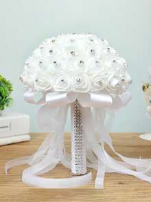 1PC Wedding Bride's Bouquet, White Floral Bouquet With Lace Ribbon And Diamond Accents, Elegant Handheld Flower, PE Foam Handheld Flower, Artificial White Rose Bouquet, Bride's Bouquet, Wedding Photography Prop, Wedding Supplies, Wedding And Banquet Flower Bouquet