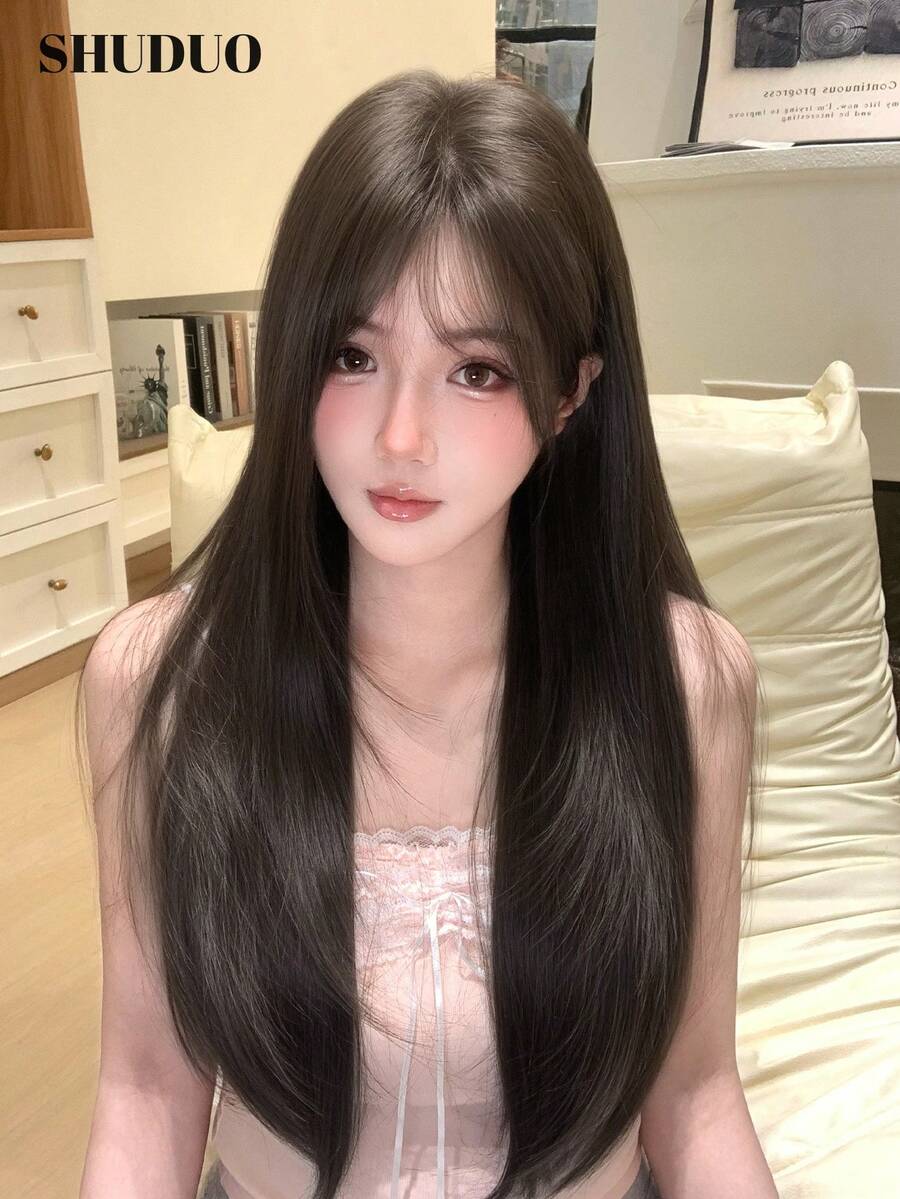 SHUDUO 1顶合成耐热直发假发，棕色，中分，纤维材质，适合日常佩戴，外观自然（不含配件） - Dark Brown - 查看 1
