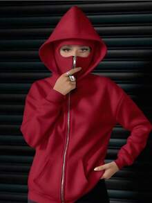 Women's Double-Layered Hooded Sweatshirt With Zipper Pockets For Social Anxiety Sufferers In Regular Length Autumn & Winter Clothing - 紅色 - 查看 1