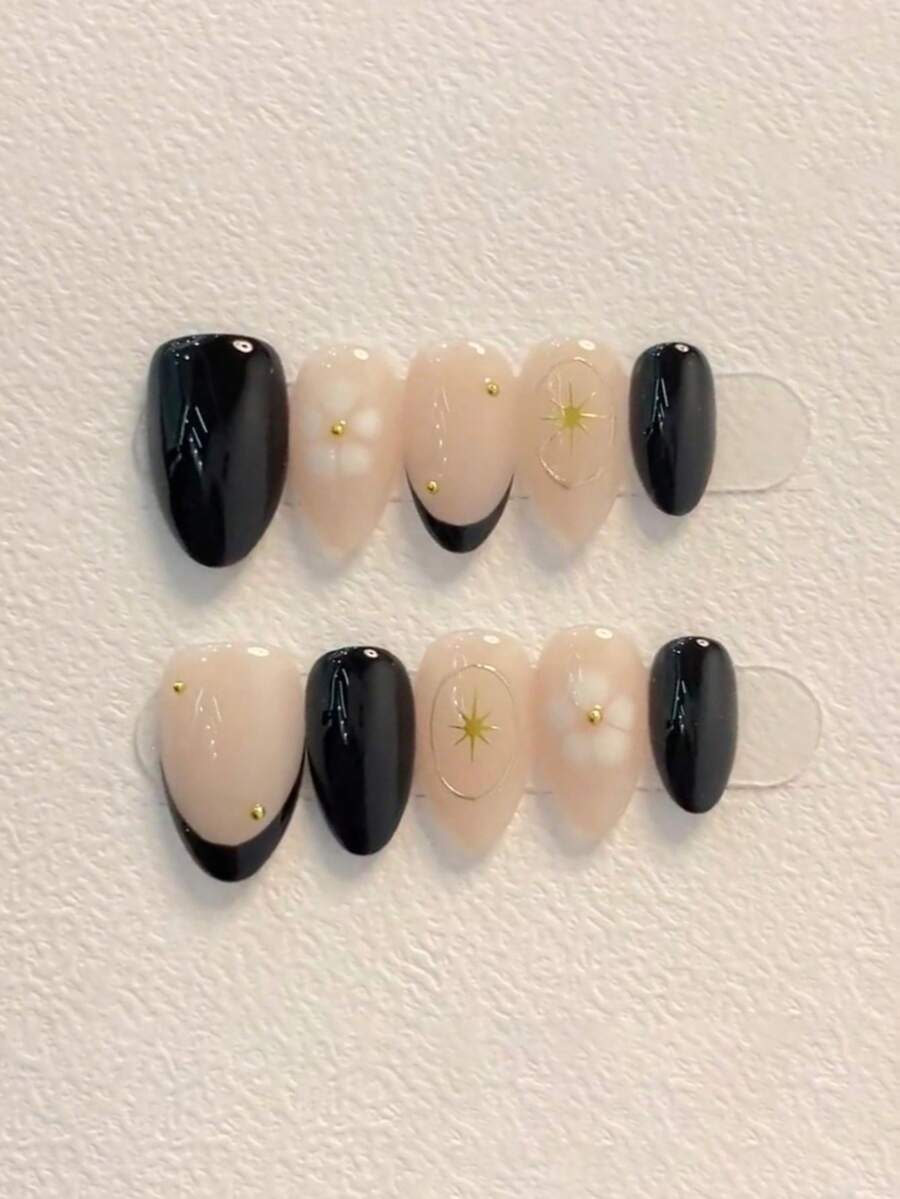 10pcs Pure Handmade Press On Nails Short Nails Almond Nails Black And Gold Nails Sweet And Edgy Dark Style, Black French Tip, Hand-Painted Gilded Small Flowers And Starburst Patterns, Simple And Exquisite Press-On Nails For Women And Girl,Spring Summer Fall Winter Festivals Party And Dailys Life Use