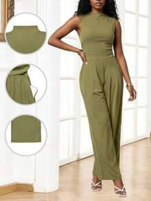 Sleeveless Elegant High Waist Fitted Wide Leg Jumpsuit Summer - Olive Green - View 1