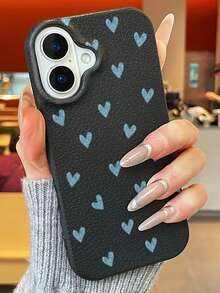 Large Pore Leather Texture Blue Heart Pattern Beige Phone Case, Compatible With IPhone 11/12/13; Leather Texture Anti-Slip Phone Case, Compatible With IPhone 14/15/16; Soft Silicone Shock-Proof Phone Protective Cover, Compatible With IPhone 17/17Pro/17ProMax/Air; Beige Phone Protective Case - Beige - View 2