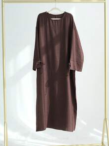Ramadan Dubai Turkish Solid Color Casual Long Sleeve Robe With Slit Cuffs And Tie Waist, Loose Fit Abaya For Women Spring Brown Fall - Brown - View 3