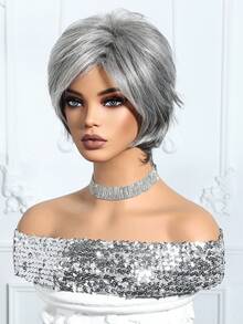 10-Inch Short Straight Wig, Made Of Gray Synthetic Heat-Resistant Material, Suitable For Women, Fresh And Natural, Perfect For Everyday Wear, And A Perfect Gift For Girls. - Silver - View 6