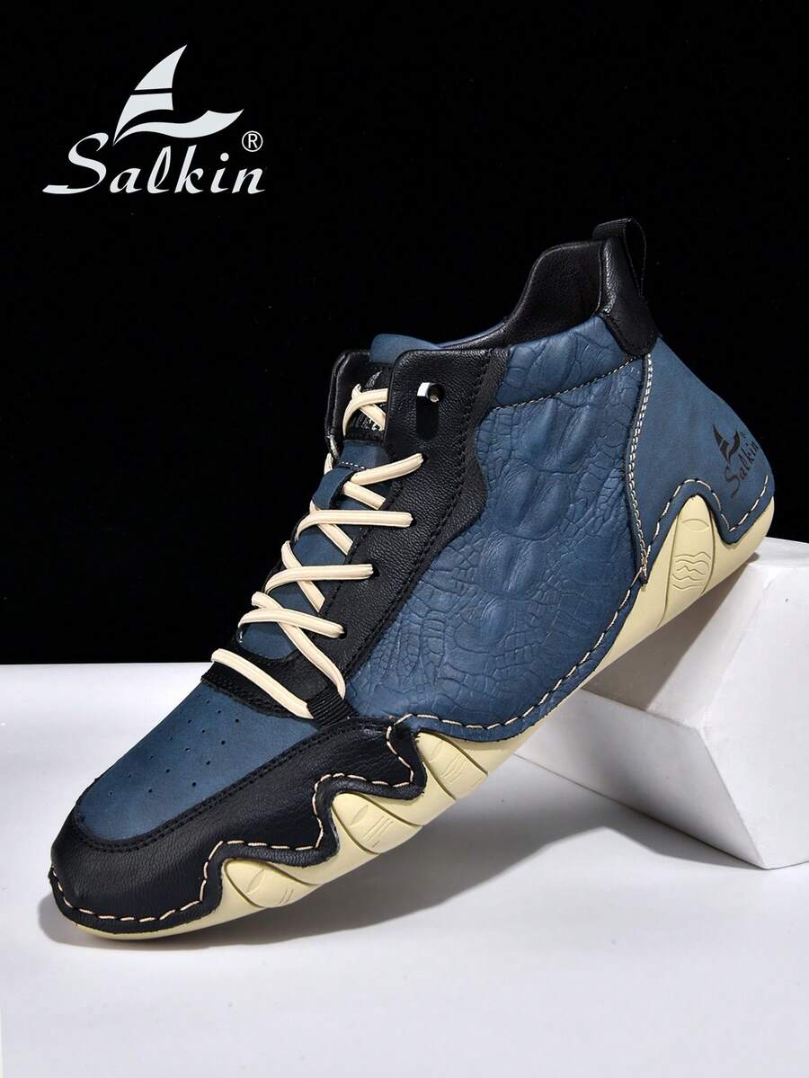 Salkin 新款手工男士靴，松紧带设计，方便穿脱，设计师运动鞋，男士户外休闲鞋，柔软鳄鱼纹皮革鞋面，价格亲民，高端质感，日常通勤百搭平底鞋，防滑耐穿，男士踝靴，节日礼物，柔软舒适透气，春秋季款，大码男鞋，尺码偏小，建议选购大一码 - 藍色 - 查看 1