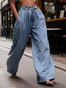 Women Harem Denim Pants Causal High Waist Wide Leg Baggy Solid Color Trousers With Pockets - Màu xanh lam - Xem 5