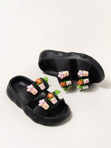 1 Pair Kids/Toddlers Flower Decor EVA Soft Bottom Casual Outdoor Beach Comfortable Slip-On Sandals, Open Toe & Heel, Suitable For Indoor & Outdoor Beach Wear - Black - View 3
