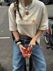 1 chiếc áo thun nữ tay ngắn cổ tròn mùa hè, in hình chuồn chuồn, lá phong, cốc cà phê, chữ tiếng Anh, phong cách đường phố rộng rãi, thoải mái, đa năng. - Màu be - Xem 9