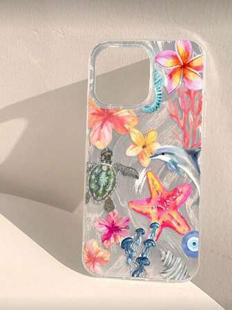 1pc Ocean Elements Starfish, Turtle, Jellyfish, Hibiscus, Coral, Dolphin Pattern Lace Soft Anti-Slip Phone Case Suitable For IPhone 11/12/13/14/15 Pro Max