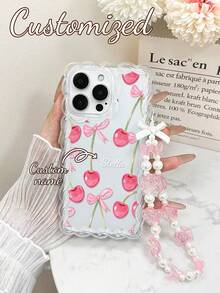 Bow Knot Cherry Customized Name Braided Transparent Painted Minimalist Anti-Drop Thick Phone Protective Case With Printed Wrist Strap, Compatible With IPhone 17/17Pro/17ProMax/17Air, 16/16Pro Max, XR/7/8, 15ProMax, 12ProMax, 13ProMax, 14ProMax, 13, 14, 11, 12P, 14P, 11P, 12P, XS, XR, 7/8P, 7/8GES2, 11Pro, 12Pro, 13Pro, 14Pro, 15Pro, 16Pro - Multicolor - View 3