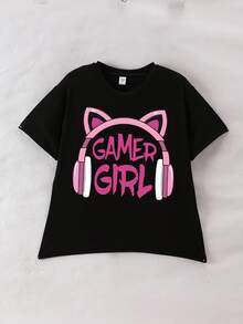 2pcs/Set Girls' Gaming Headset Print Short Sleeve T-Shirt And Flared Pants, Spring/Summer - Black - View 11