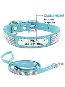 Personalized Dog Collar Set With Engraved Nameplate And Leash, Diamond Studded Collar, Suitable For Large, Medium, And Small Dogs, Customized Pet Collar, Engraved With Pet Name And Relevant Information, To Prevent Dogs From Getting Lost. - Pink-collar+Leash Set - View 10