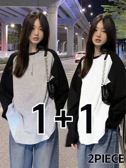 2件装女士宽松撞色长袖T恤，适合春秋季休闲穿着