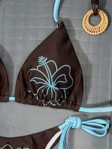 2pcs Women Floral Print Halter Neck Backless Tie Strap Bikini Set, Elegant Bohemian Casual Beach Vacation Swimwear, Spring/Summer - Brown - View 7